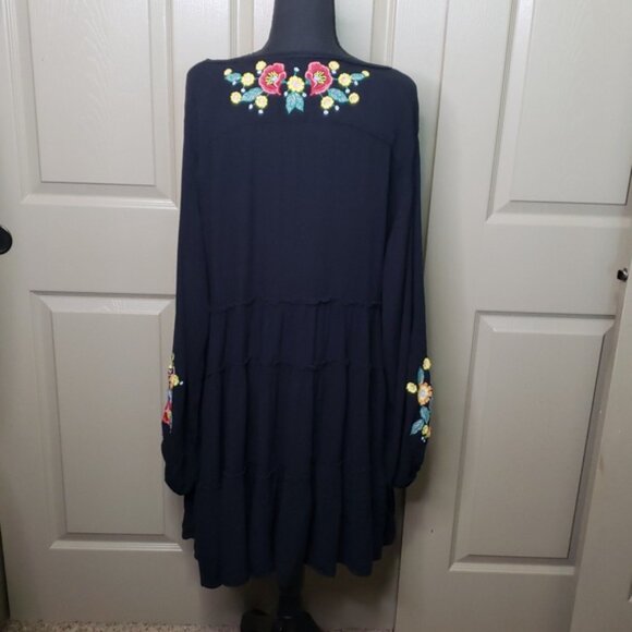 Free People Long Sleeve Black Dress with Colorful Floral Embroidery Size Large - Picture 4 of 6